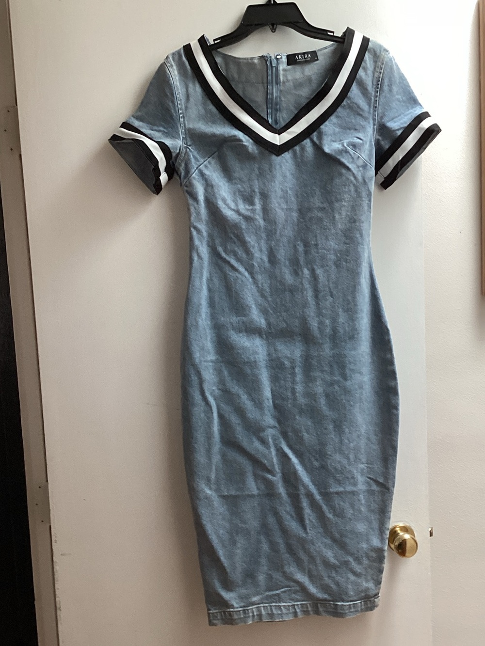 AKIRA Light Blue Denim Midi Dress with Black & White Trim